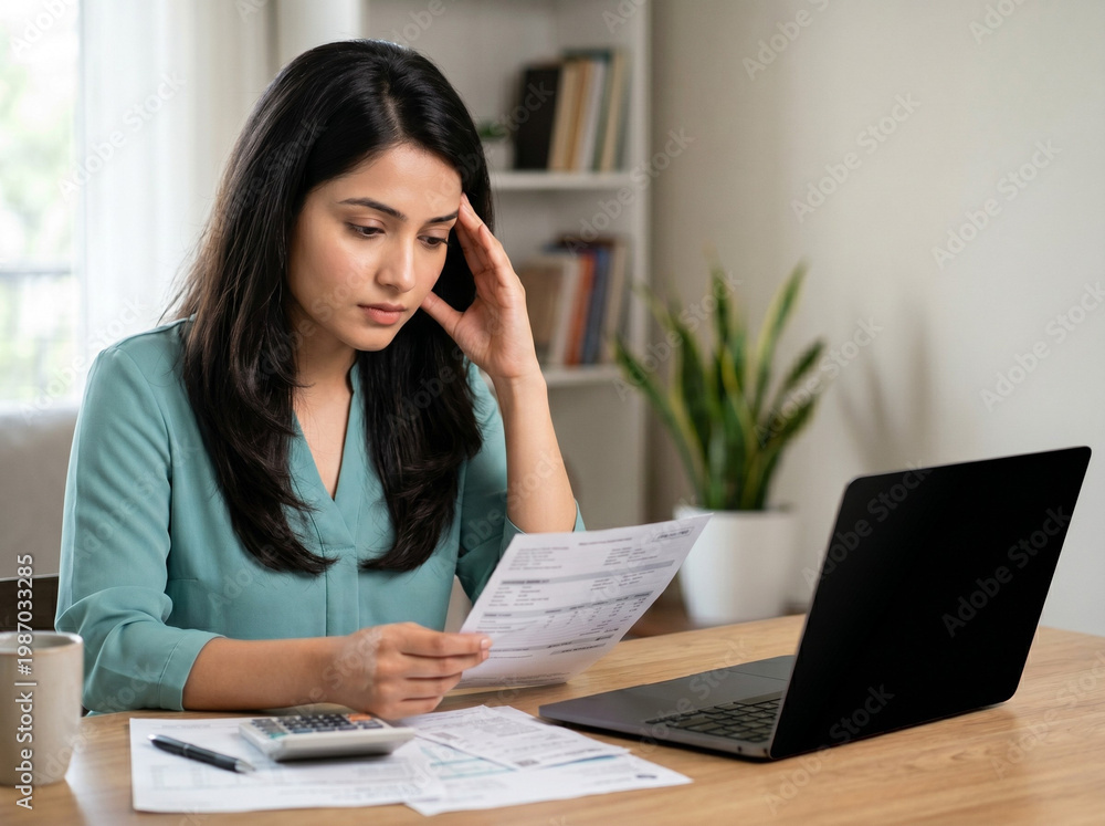 Fototapeta premium indian young woman managing personal finances at home using laptop documents and calculator representing budgeting planning and financial stress concept