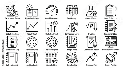 Set of line icons for scientific research, experiment, data analysis and reporting.