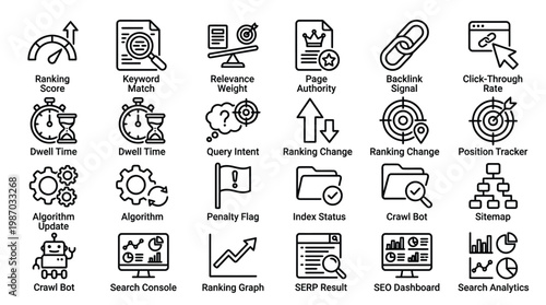 Set of line icons for search engine optimization and analytics on transparent background.