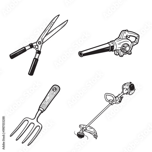 Garden tools on white background