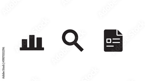 Business Data Analysis Icons Set Bar Chart Magnifier Document Financial Analytics Symbols Minimal