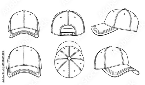 Baseball cap multi view technical outline vector apparel template isolated on white background