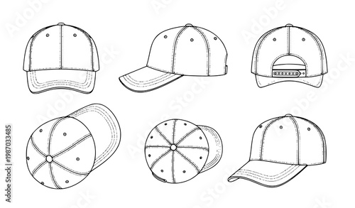 Baseball cap technical drawing outline multi view vector illustration isolated on white background