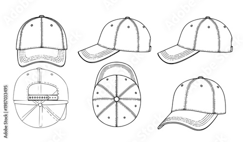 Minimal baseball cap technical outline vector set front side top perspective views apparel template isolated on white background