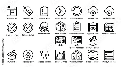 Software development and release management icons for deployment and version control.