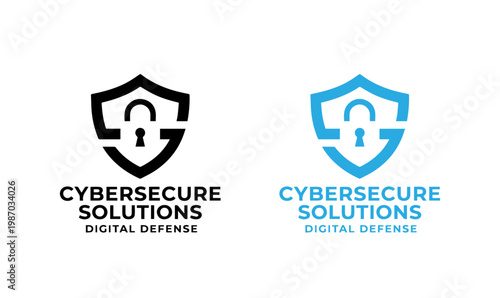cybersecure solutions, Cybersecurity logo set with shield and lock icon for digital defense and data protection.