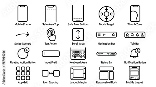 Mobile app interface development icons for user experience design and touch mapping.