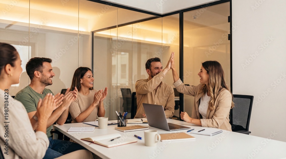 Fototapeta premium A diverse group of young adults celebrate and collaborate in a modern meeting room with a woman and man high fiving at a table