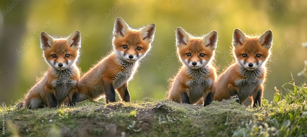 Fototapeta premium Charming Group of Adorable Fox Cubs Playing Together in a Lush Green Meadow Under Bright Sunshine