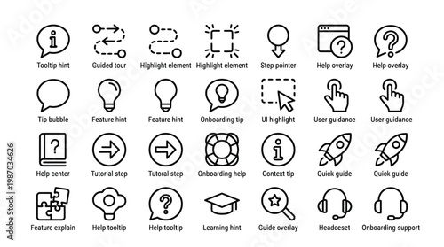 User onboarding and help guidance icon collection for customer support and tutorials.