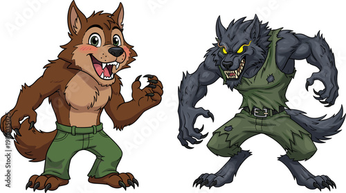 Cartoon Werewolf Characters Set with Friendly and Aggressive Wolf Creatures, Fantasy Monster Transformation Concept in Detailed Vector Illustration Style