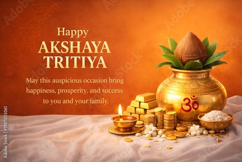 A festive arrangement of gold coins and a pot with a green plant on Akshaya Tritiya
