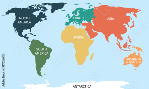 Colorful continents world map with text labels. Flat vector illustration for educational infographics, travel concepts, and global data visualization. SVG