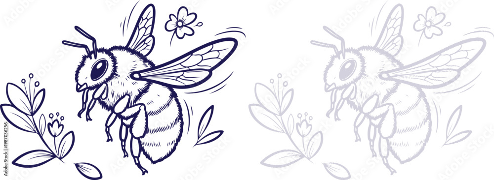 Obraz premium Bumblebee flying near flowers line art illustration isolated on white background