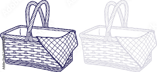 Wicker Picnic Basket with Checkered Fabric Liner isolated on white, line art illustration