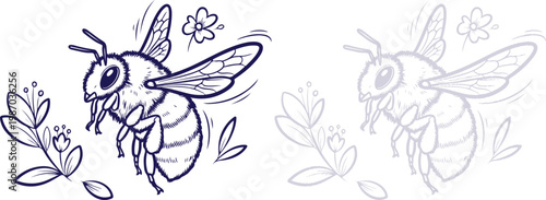 Bumblebee flying near flowers line art illustration isolated on white background