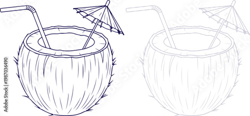 Coconut Cocktail with Straw and Umbrella Line Art Illustration