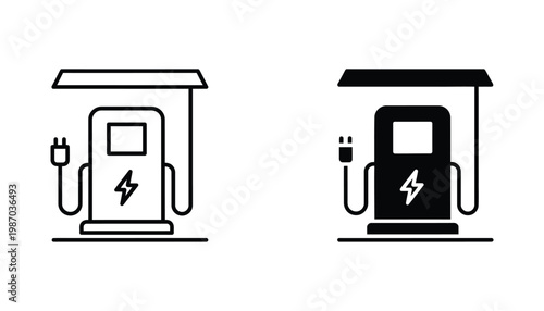 Electric Vehicle Charging Station Outline Solid Icons UI UX Design Element