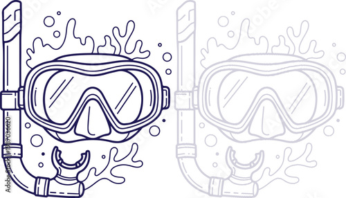 Diving Mask Snorkel Outline Illustration with Water Splashes
