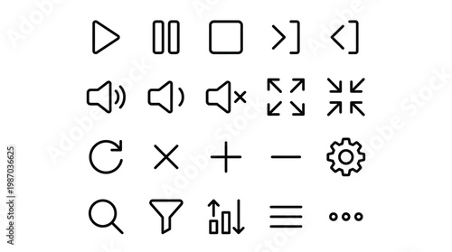 Media player control interface outline icons set for video and audio applications.
