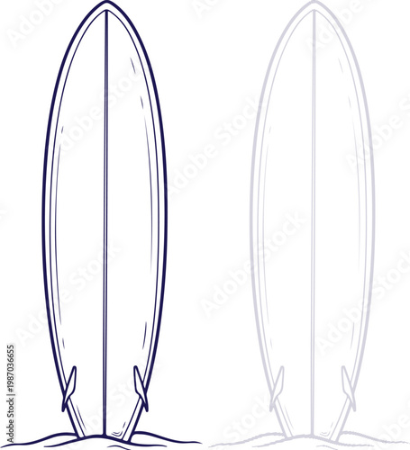 Surfboard Outline Vector Line Art Standing Upright on Beach Sand Isolated Minimalist