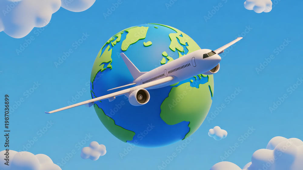 Naklejka premium Airplane flying around the earth - Generative AI