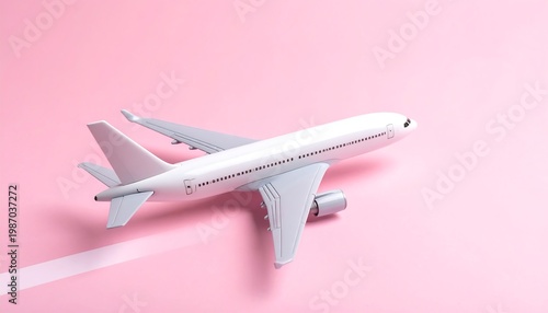A side view of a white, simplified model aircraft gliding against a solid, light pink background with a white contrail