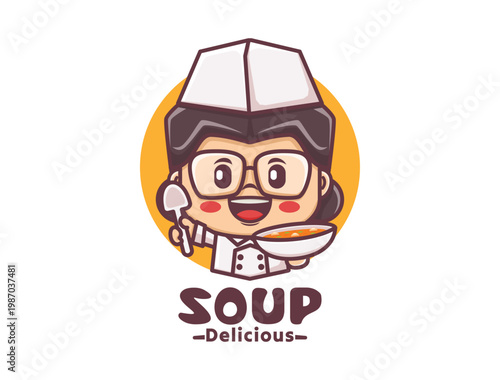 Cheerful female chef with soup mascot