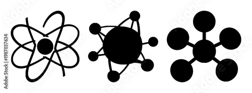 Quantum computing qubit atom icon set with solid black icon style featuring quantum, atom, qubit with vector illustration and design