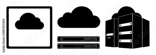 AI server rack icon set with solid black icon on white background featuring cloud, server, rack with technology and digital