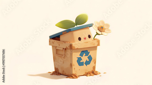 Cute recycling bin planting flowers - Generative AI