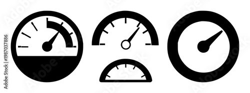 Credit score meter gauge icon set with solid black fill and simple digital design featuring financial, rating, indicator with measurement and analysis