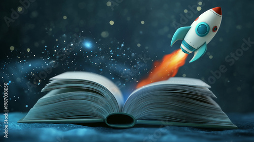 Rocket flying out of a book - Generative AI