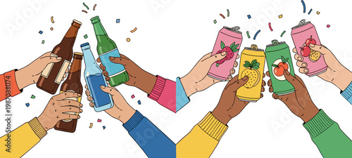 Friends Celebrating with Drinks Illustration, Hands Holding Beer Bottles and Soda Cans, Party Cheers Concept, Social Gathering Festive Vector Design