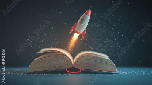 Rocket flying out of a book - Generative AI