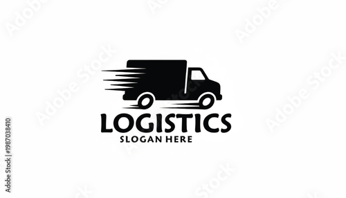 Truck logistics logo design with black delivery vehicle silhouette and stylized speed lines for shipping branding