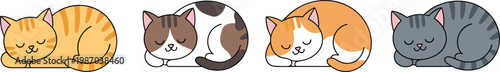 Cute Sleeping Cat Vector Set Featuring Four Different Breeds and Colors in Kawaii Flat Cartoon Style for Pet Lovers Graphic Design