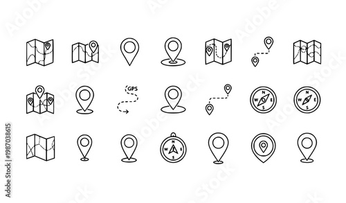 Map icons set black and white vector location navigation GPS UI UX symbol collection