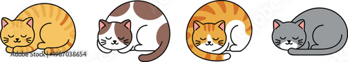 Cute Sleeping Cat Vector Set Featuring Four Different Breeds and Colors in Kawaii Flat Cartoon Style for Pet Lovers Graphic Design