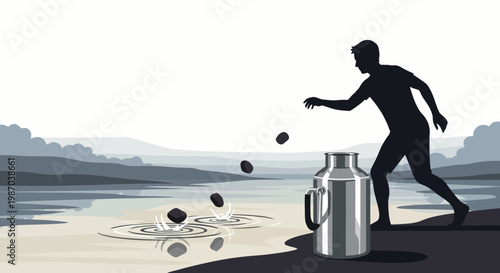 A striking silhouette captures a man diligently pouring items into water near a large can, a profound concept that could inspire a unique
