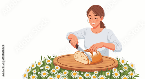 Happy woman slicing fresh bread on wooden board, surrounded by daisies. Perfect for kitchen, baking, and wholesome home decor, radiating joy