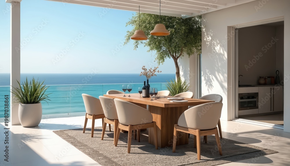 Naklejka premium Luxury outdoor dining set with teak chairs and white concrete tables faces calm ocean. Wine glasses and bottles await guests for a delightful meal with a serene sea view setting.