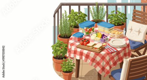 Vector illustration of a delightful balcony picnic with fresh sandwiches, fruits, and potted herbs on a checkered table for outdoor dining