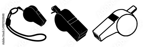 Sport whistle icon set with solid black color and simple silhouette featuring gym class, coaching, and refereeing with training and signaling