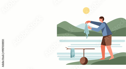 Simple outdoor living A man dries his laundry by a serene lake, surrounded by peaceful mountains and basking in the warm sun. Vector illustration