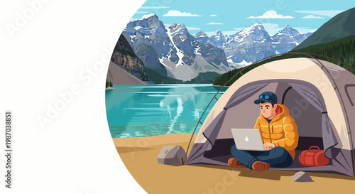 Vector illustration of a digital nomad working on a laptop inside a tent by a serene mountain lake, embracing remote work and outdoor adventure in a picturesque natural landscape