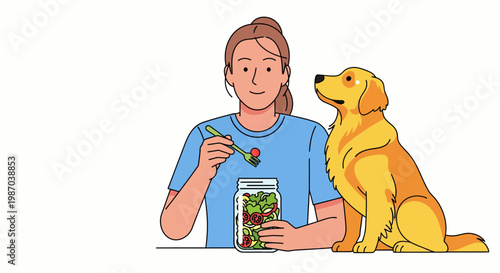 Vector illustration of a smiling woman enjoying a nutritious, fresh salad from a jar alongside her beloved golden retriever, promoting a healthy, balanced lifestyle and pet companionship
