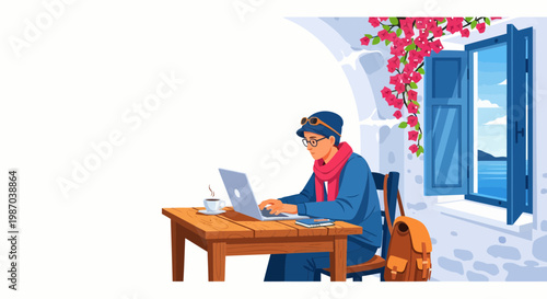 Vector illustration of a focused digital nomad working on a laptop at a charming Mediterranean outdoor cafe, embracing flexible remote employment