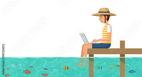 Vector illustration Person working on laptop from a dock, feet in water with fish. Symbolizes remote work, summer, digital nomad life, and flexible lifestyle