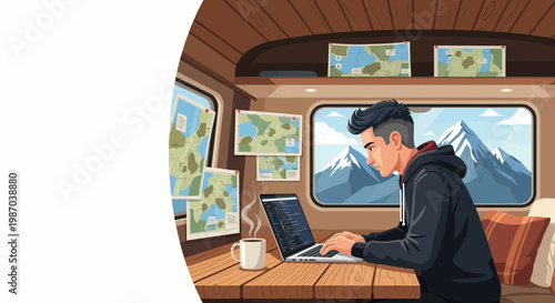 Vector illustration Young man working remotely on laptop from camper van, maps and mountains, symbolizing digital nomad lifestyle, freedom, and modern adventure